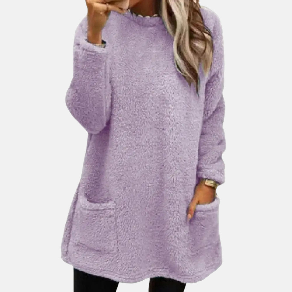 Round Neck Long Sleeve Pocket Fleece Tunic Top 9