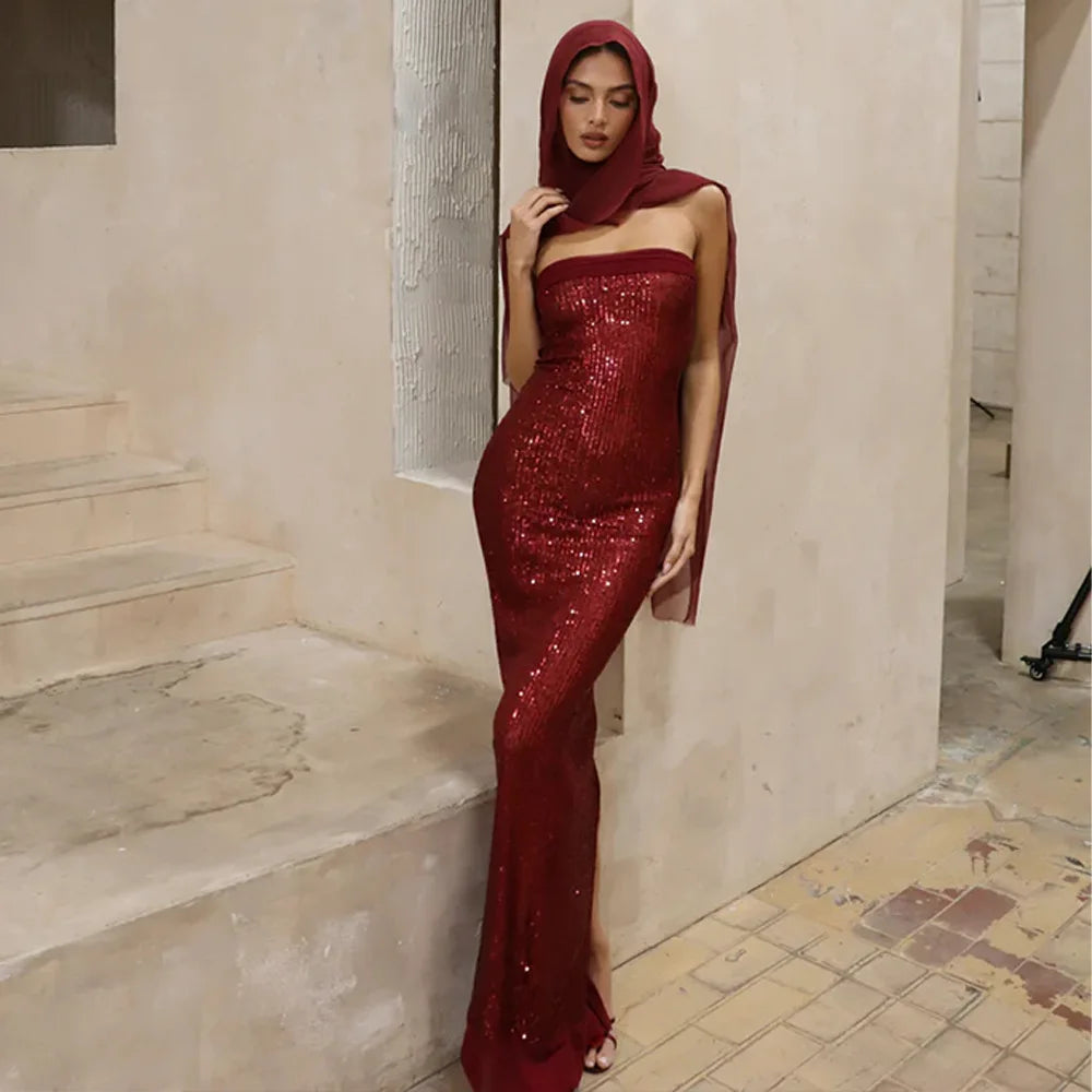 Strapless Sequin Slit Backless Dress - View 5