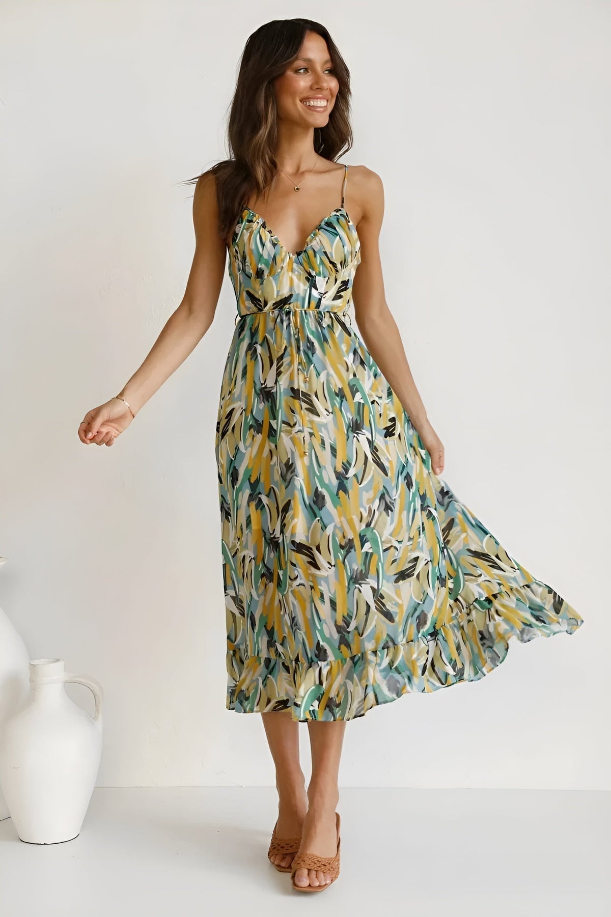 Abstract Print V-Neck Spaghetti Strap Tiered Midi Dress 5