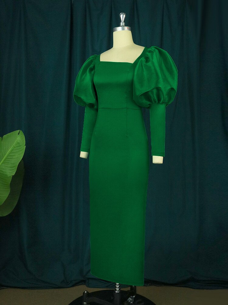 Satin Square Neck Puff Sleeve Bodycon Maxi Dress - View 11