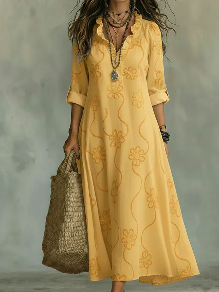 Split Neck Long Sleeve Floral Embroidered Maxi Dress 9