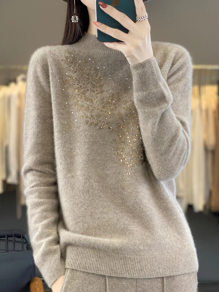 Mock Neck Long Sleeve Rhinestone Knit Sweater 6