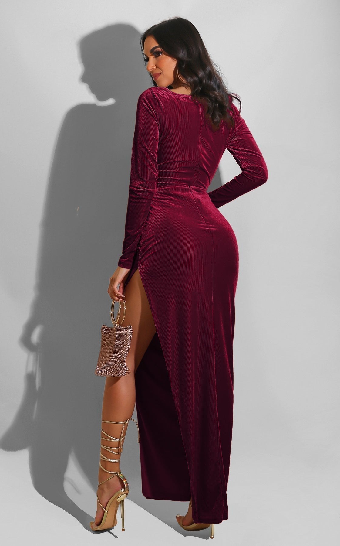 Velvet Square Neck Long Sleeve Ruched High Split Bodycon Maxi Dress - View 14