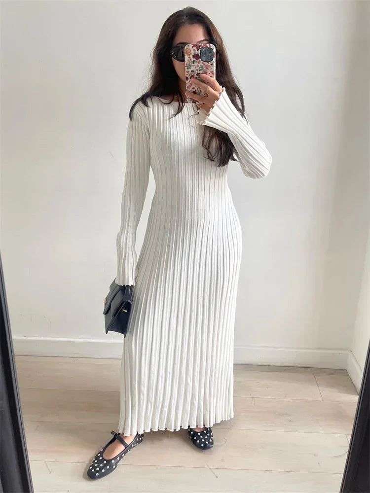 Ribbed Knit Mock Neck Bell Sleeve Bodycon Maxi Dress - View 7