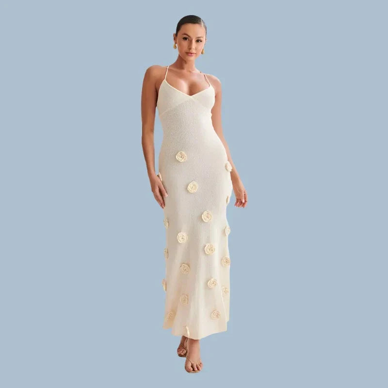 Knit V-Neck Spaghetti Strap Floral Applique Mermaid Maxi Dress - View 4