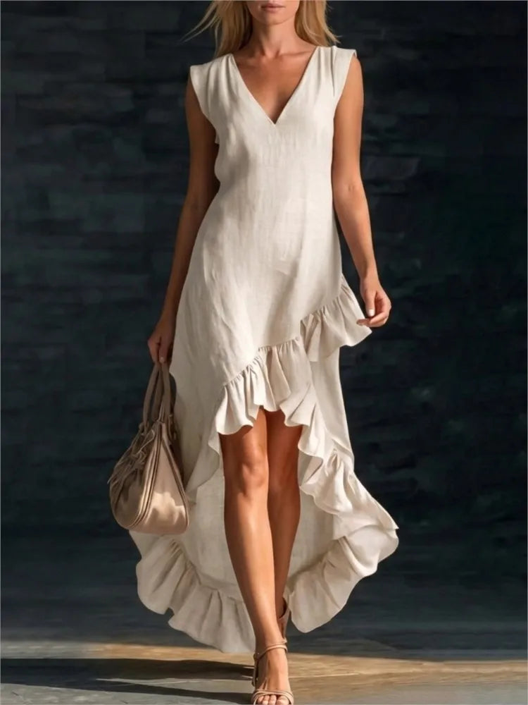 V-Neck Sleeveless Ruffle Hem High Low Maxi Dress 4