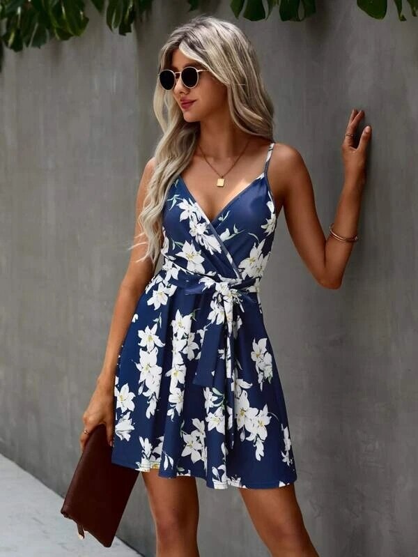 Floral Spaghetti Strap Surplice V-Neck Belted Skater Mini Dress 4