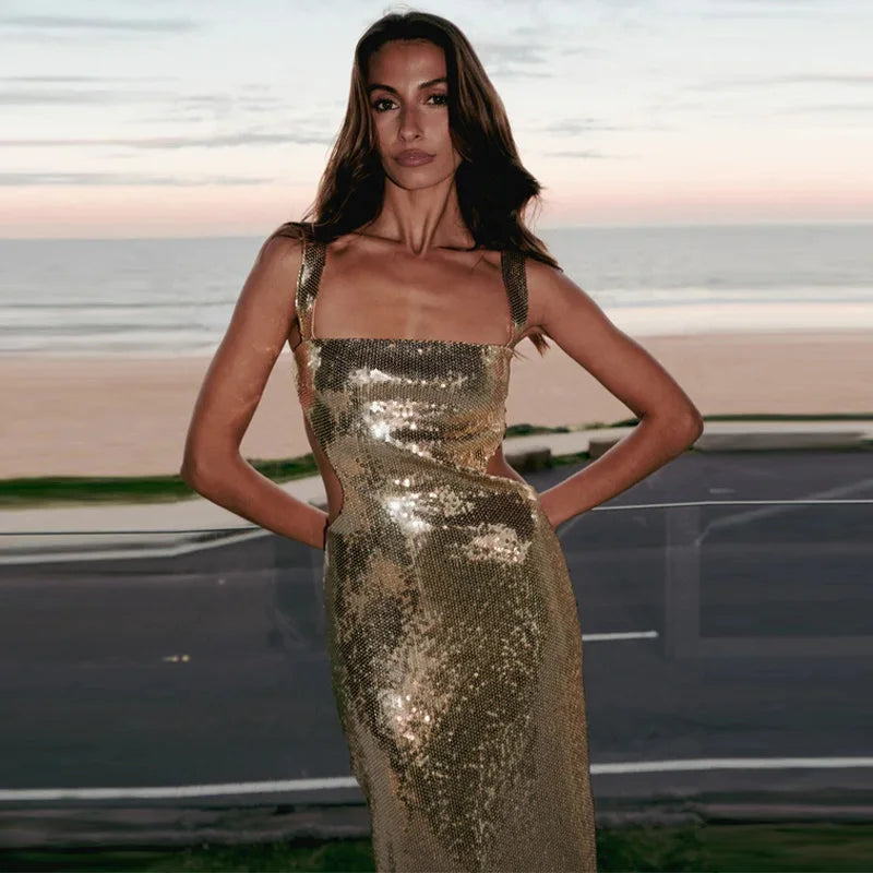 Sequin Open Back Cut Out Wide Strap Bodycon Maxi Party Gown - View 2