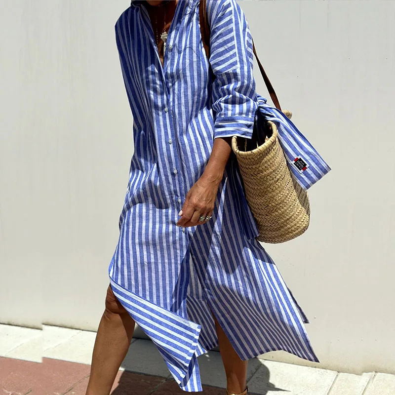 Striped Relaxed Fit Button Down Shirttail Hem Midi Shirt Dress - View 3