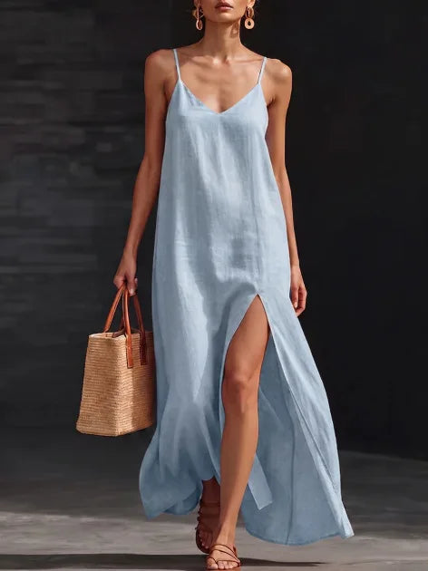 V-Neck Spaghetti Strap High Split Linen Look Maxi Dress 10