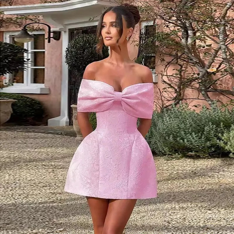 Bow Off Shoulder Backless A - line Jacquard Party Dress - View 2