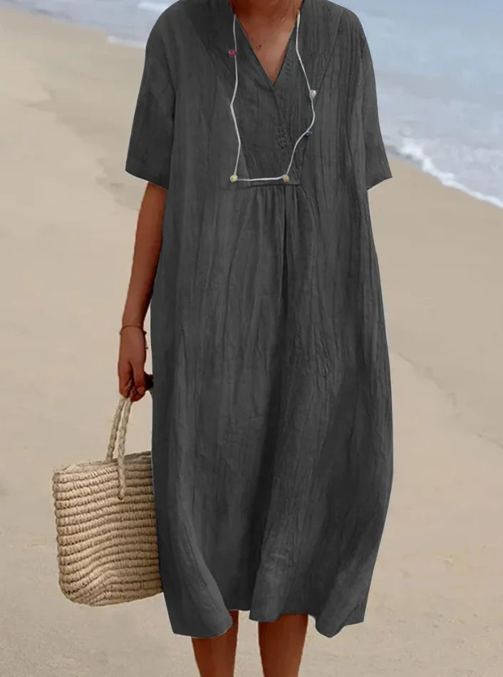 Split Neck Short Sleeve Linen Look Maxi Dress 8
