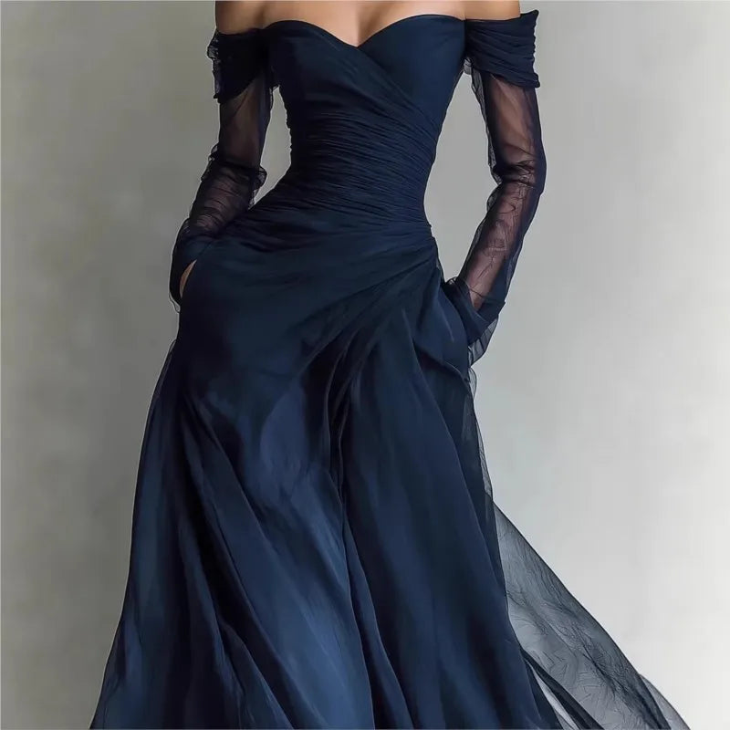 Off Shoulder Sweetheart Ruched Sheer Sleeve Maxi Gown 4