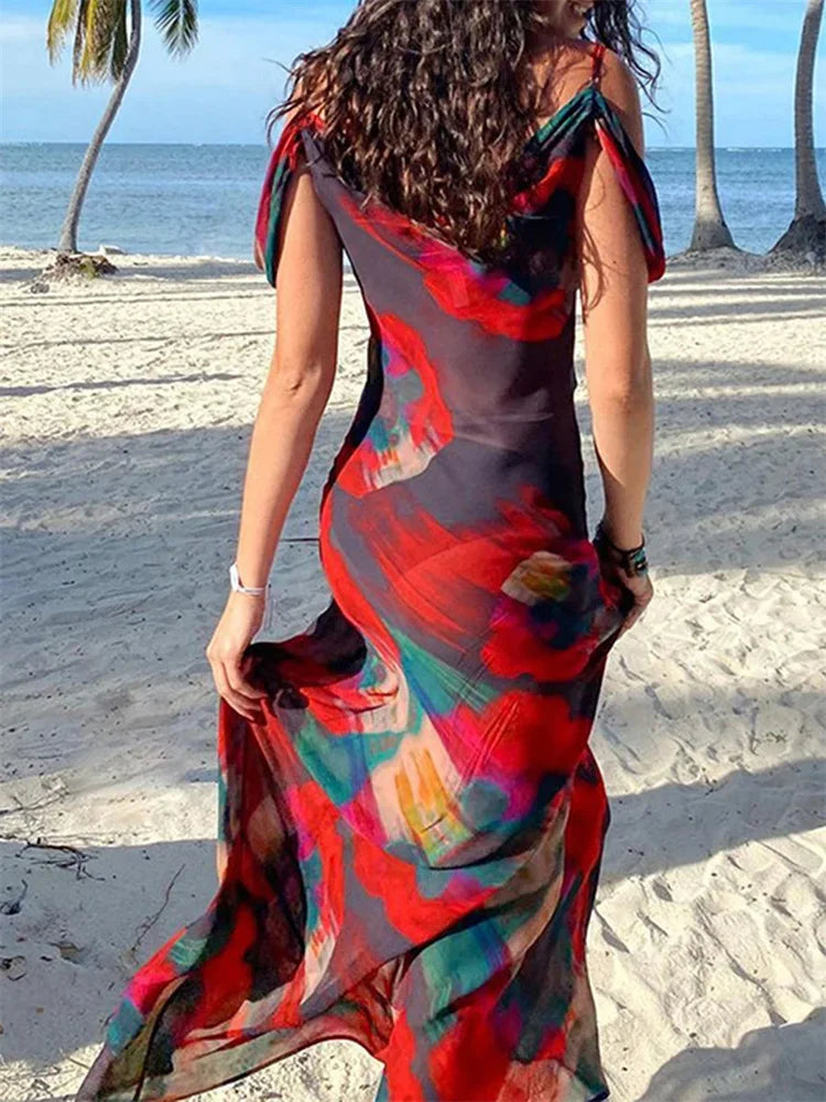 Print Mesh Pleated Off Shoulder Maxi Dress - View 3