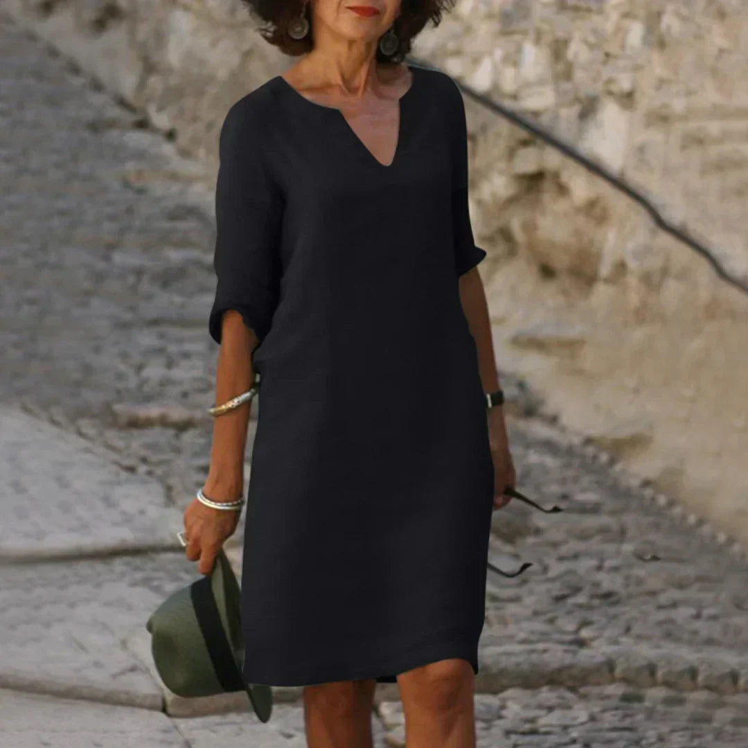 V-Neck Three Quarter Sleeve Relaxed Shift Knee Length Summer Dress