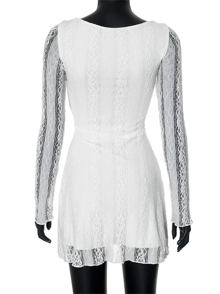 White Lace Sheer High Waist Party Mini Dress - View 6