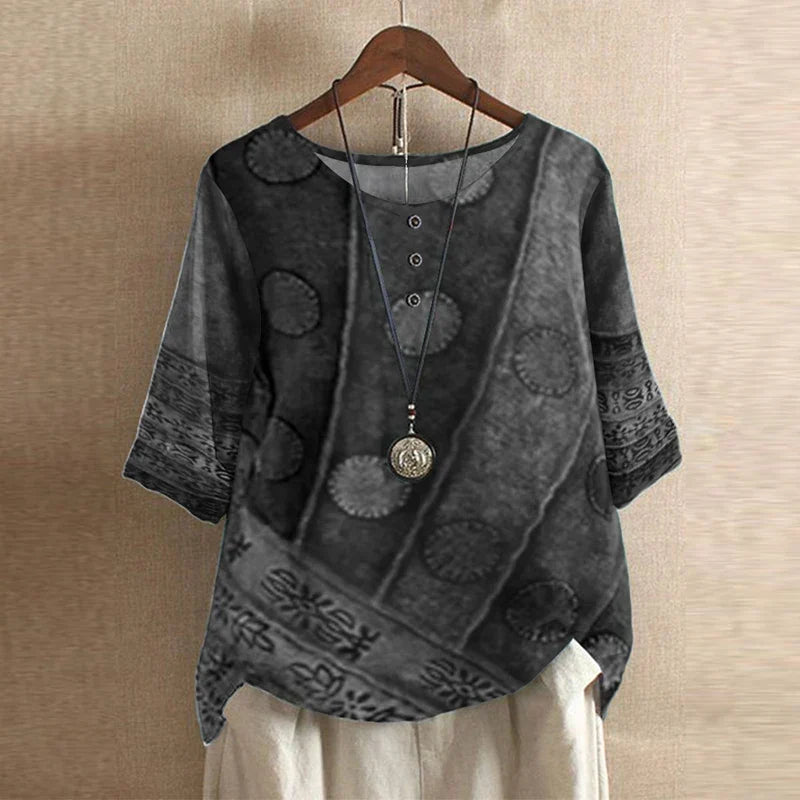Floral Embroidered Round Neck Roll Tab Sleeve Tunic Top 5