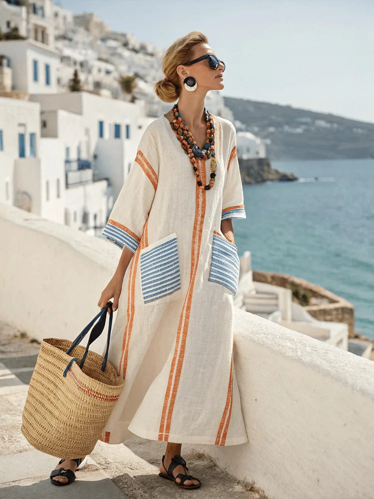 V-Neck Striped Trim Three Quarter Sleeve Beach Cover Up Kaftan 4