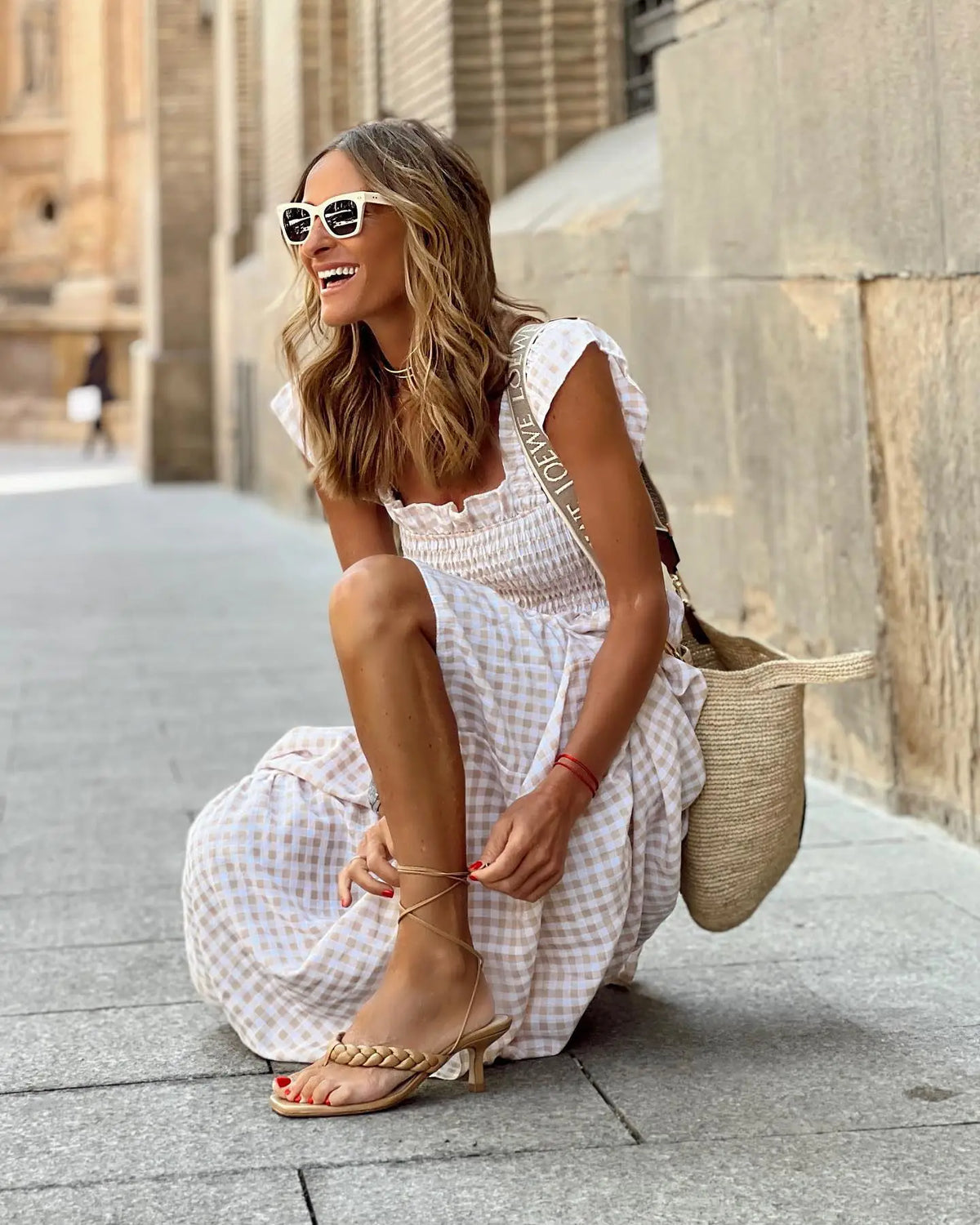 Gingham Square Neck Smocked Ruffle Strap Tiered Maxi Dress 3