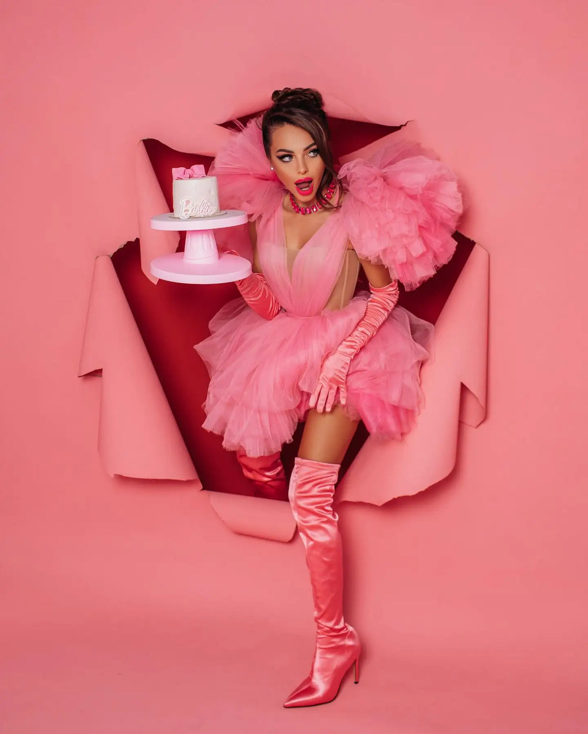 Pink Tulle Ruffled A-Line Party Dress - View 4