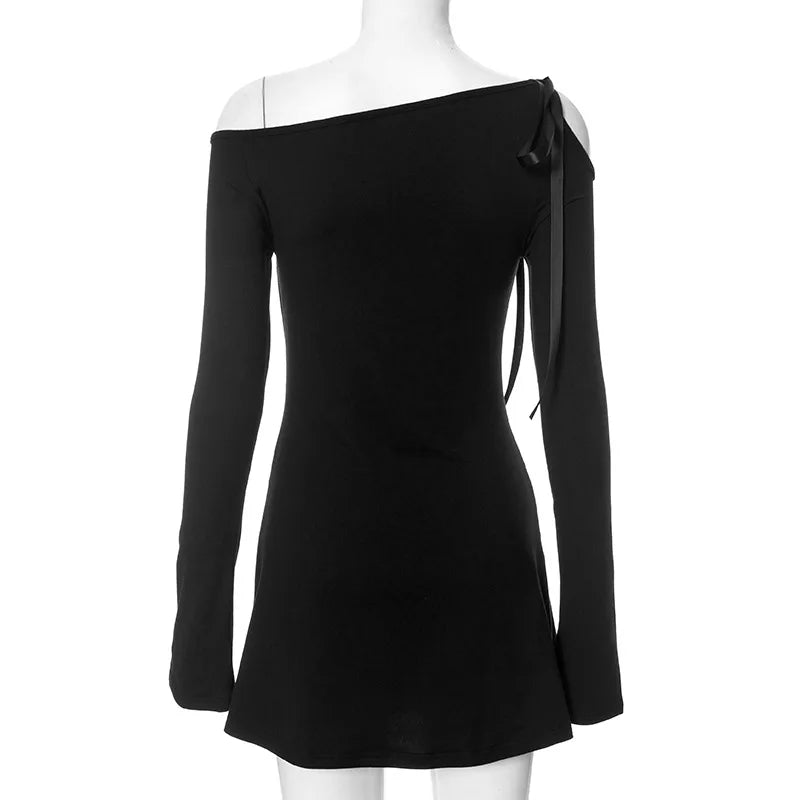 Long Shoulder Tie Up Graceful Hollow Out Mini Dress