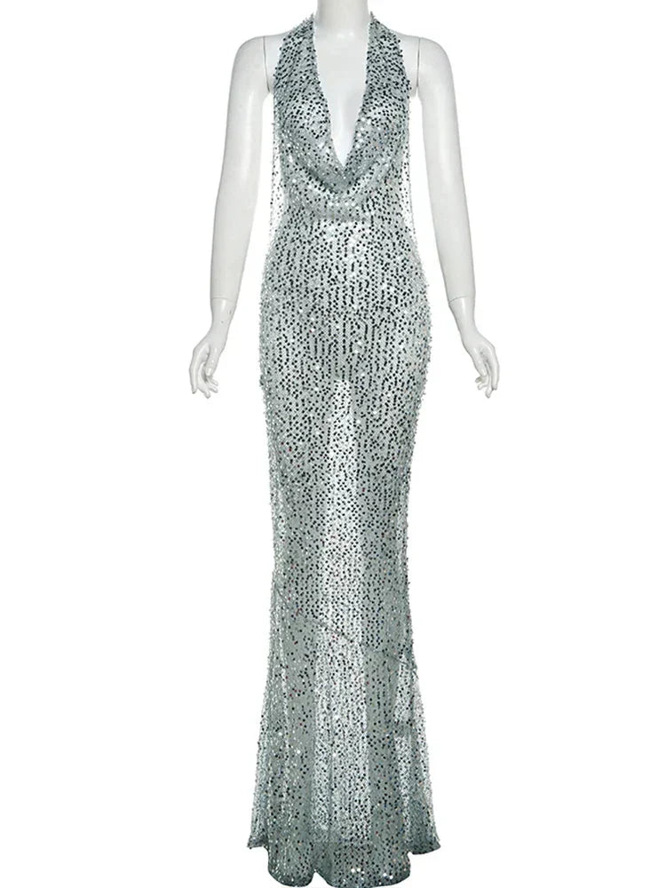 Sequin Halter Neck Deep V-Neck Backless Mermaid Maxi Dress - View 12