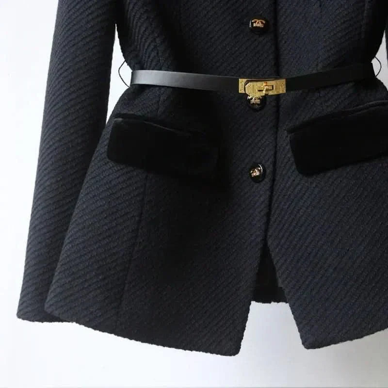 Stand Collar Belted Gold Button Tweed Jacket 4