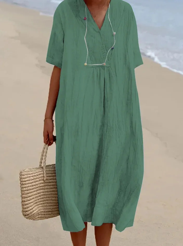Split Neck Short Sleeve Linen Look Maxi Dress 12