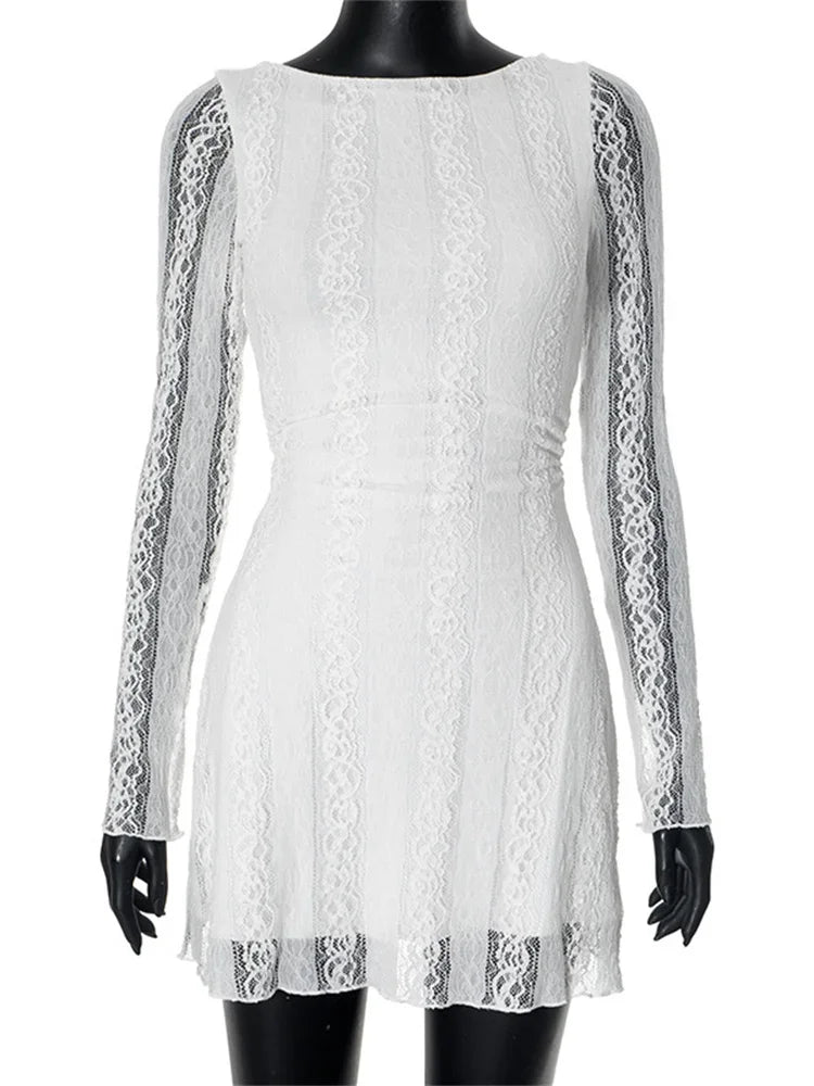 White Lace Sheer High Waist Party Mini Dress - View 5