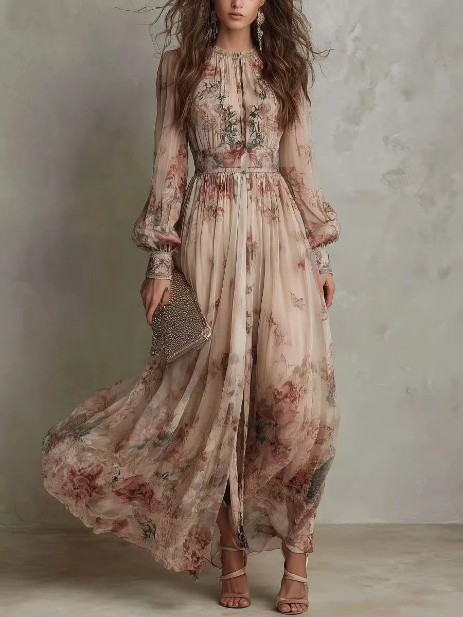 Floral Tie Neck Long Sleeve High Split Chiffon Maxi Dress 2