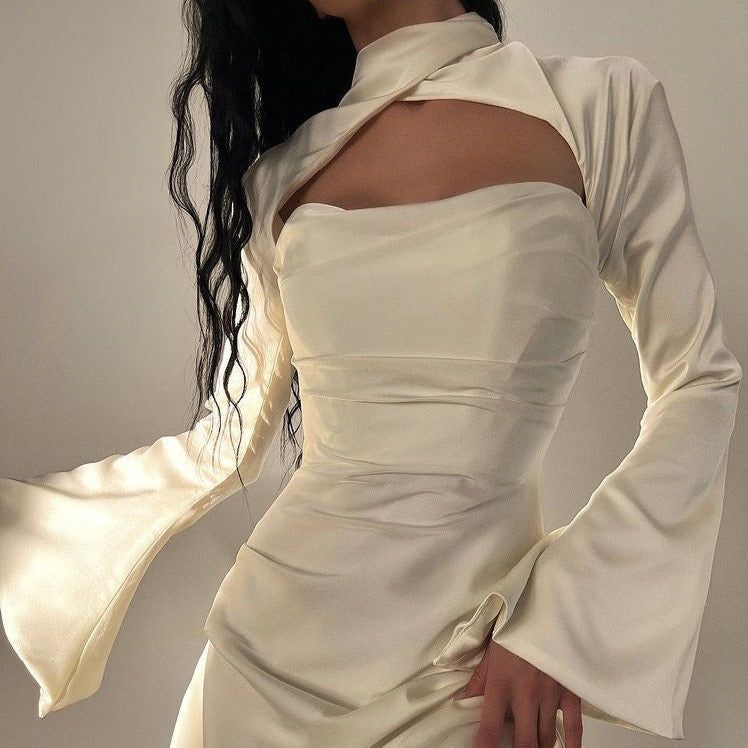 Satin High Neck Cut Out Long Sleeve Ruched Mini Dress