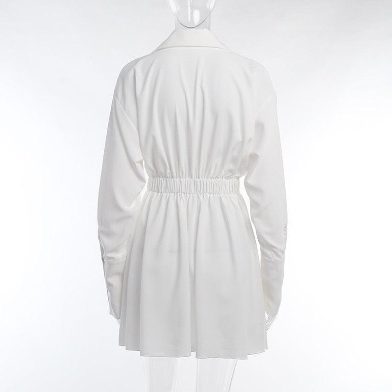 Deep V-Neck Shirt Collar Ruched Waist Bell Sleeve Mini Dress - View 12