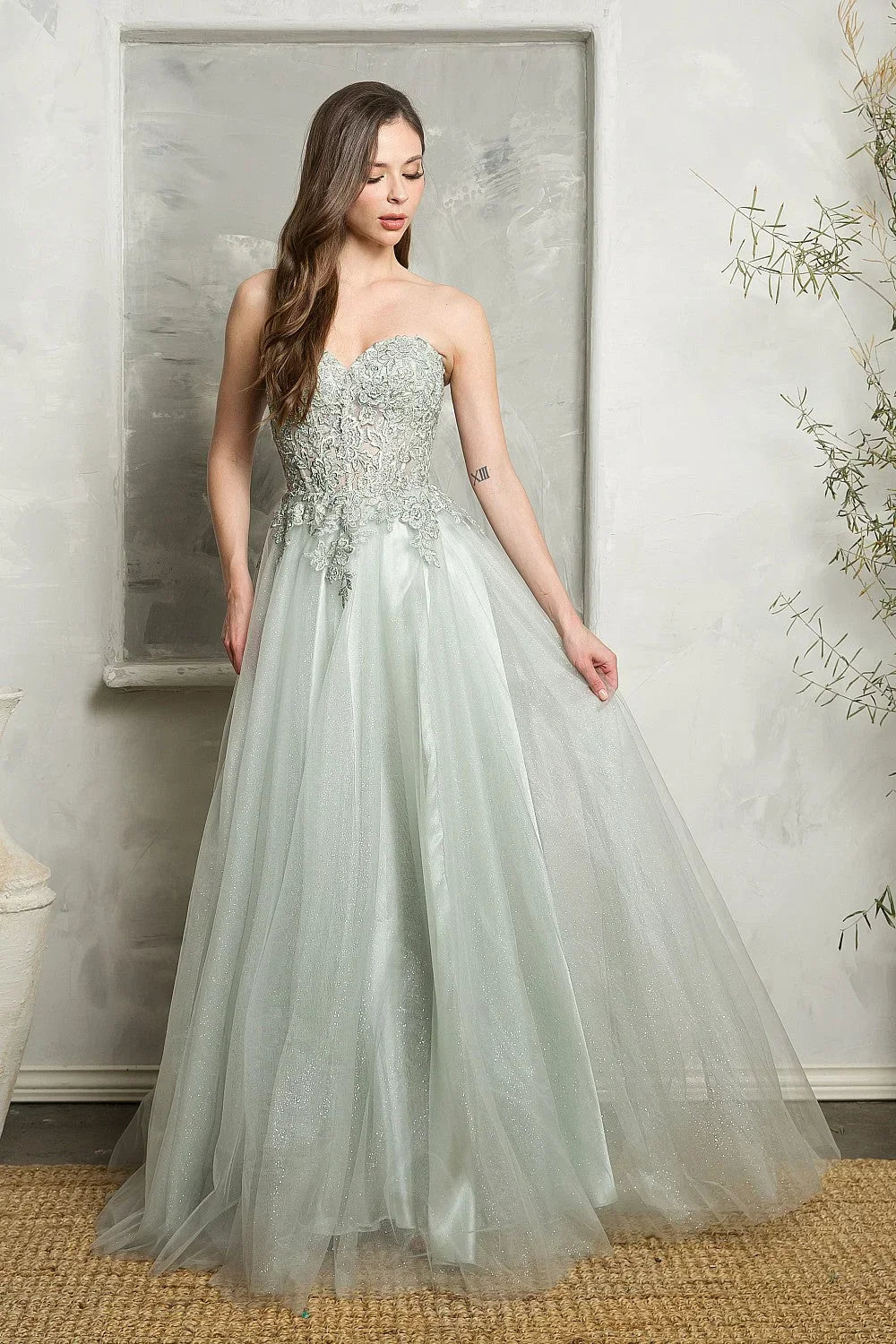 Lace Strapless Sweetheart High Split Tulle A-Line Gown - View 6