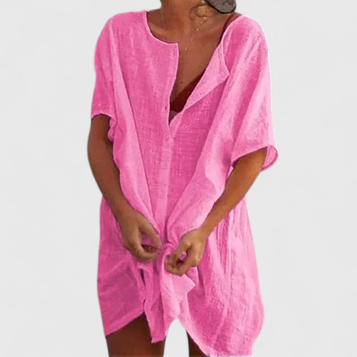 Button Front Short Sleeve Linen Look Shirt Dress 7