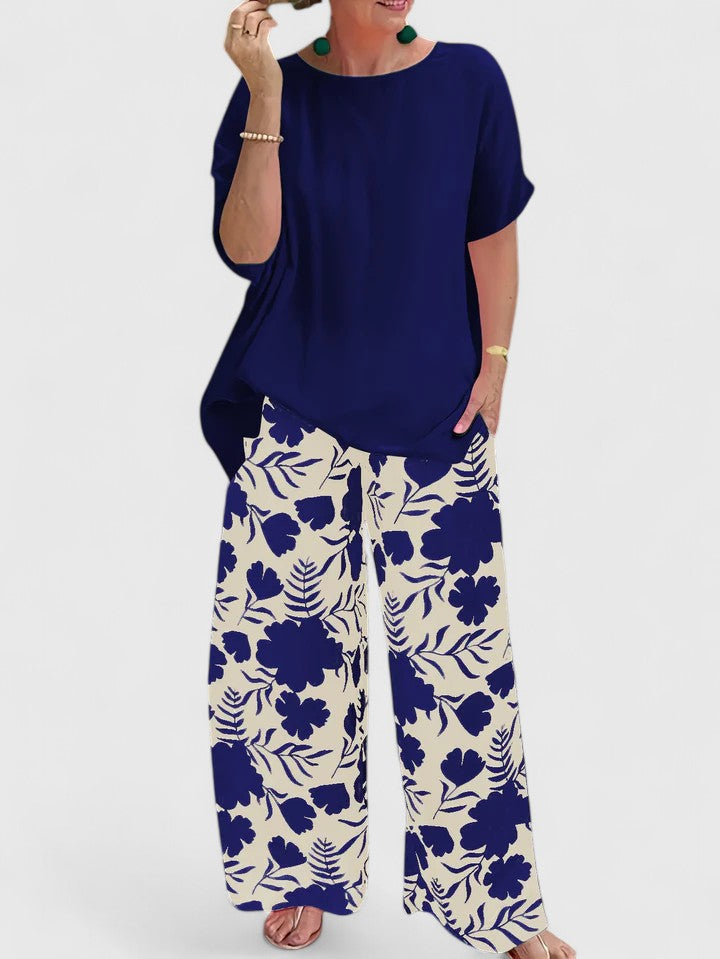 Round Neck Short Sleeve Top and Floral Print Wide Leg Pants Two Piece Set 3
