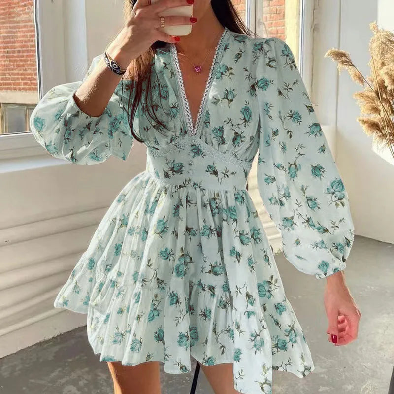 V-Neck Lace Edge Floral Midi Dress - View 2