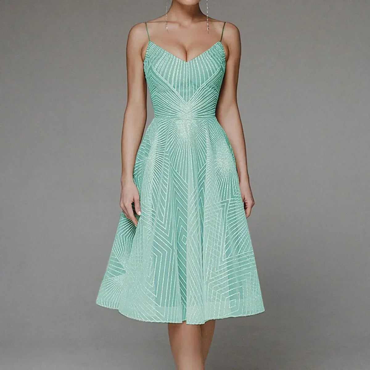 Sequin Mesh Geometric Pattern Spaghetti Strap Cocktail Dress - View 8