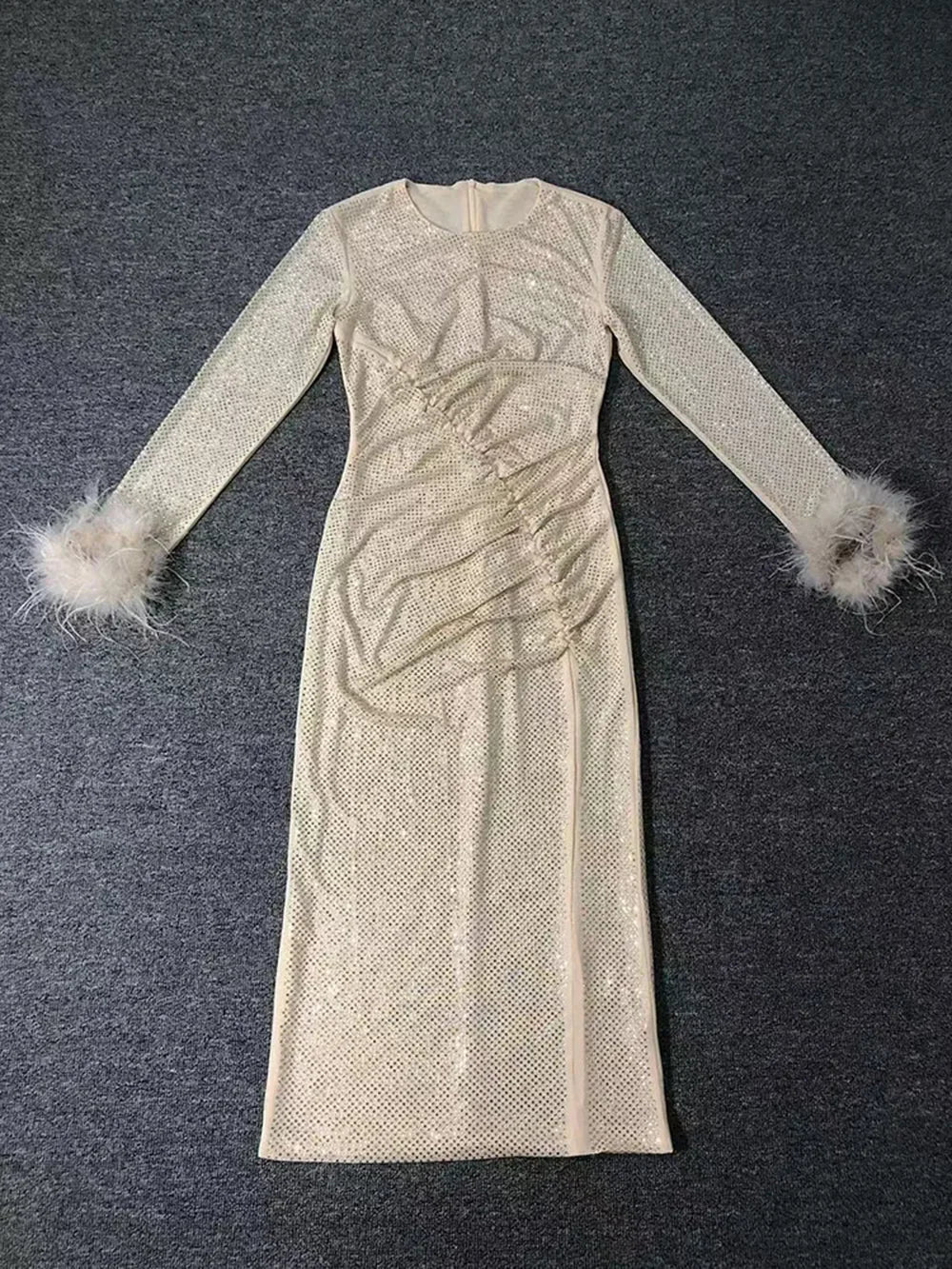 Long Sleeve Feathers Rhinestone Midi Dress - View 6