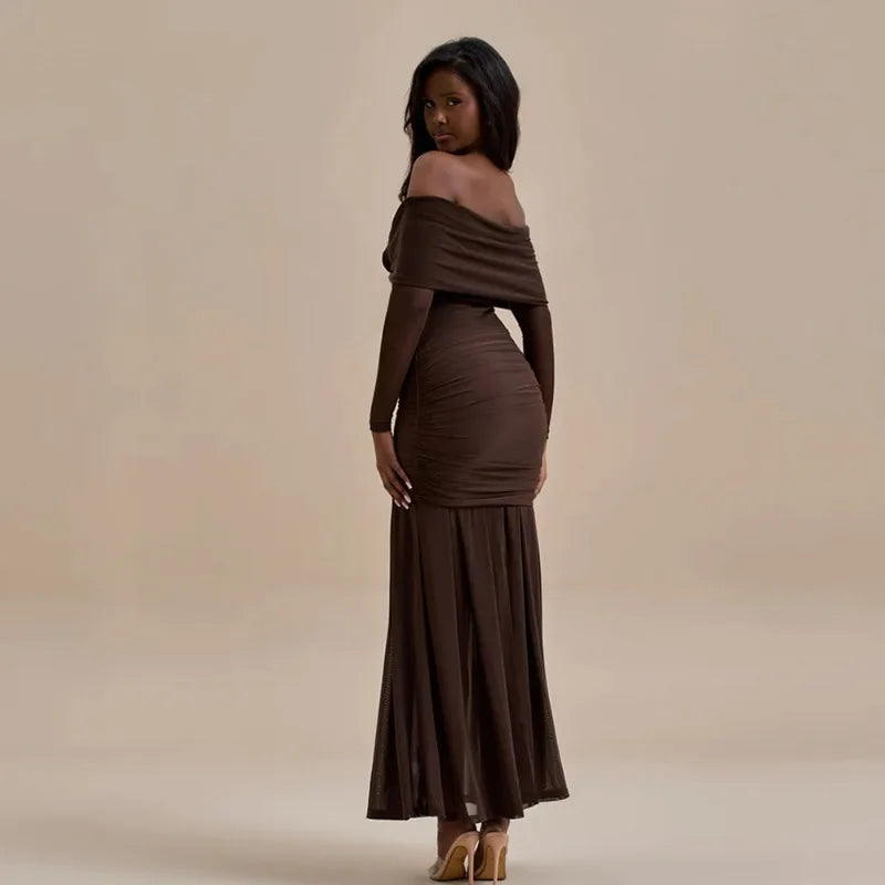 Off Shoulder Long Sleeve Rosette Mermaid Gown - View 11