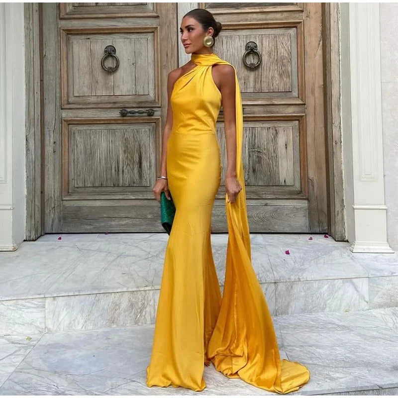 Yellow Satin Backless Lace - Up Off - Shoulder Maxi Dress - View 3