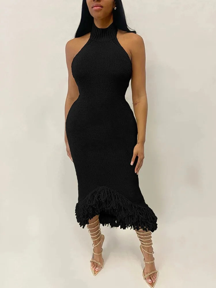 Knit Halter Neck Backless Tassel Fringe Hem Midi Dress - View 4