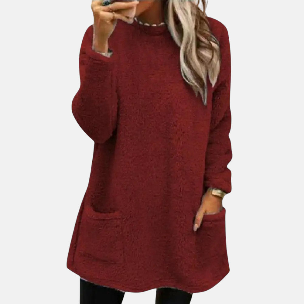 Round Neck Long Sleeve Pocket Fleece Tunic Top 7