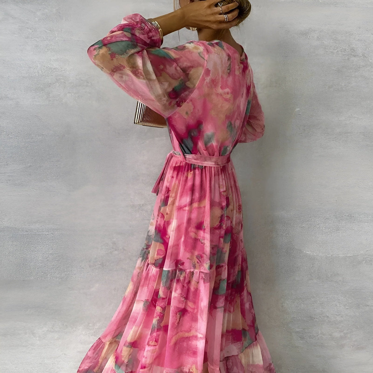 Floral Chiffon V-Neck Long Sleeve Tiered Maxi Dress 2