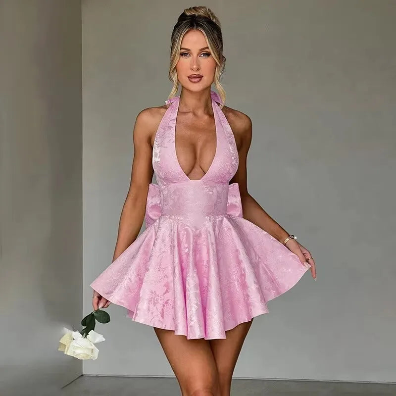 Bow Backless Jacquard A Line Mini Dress - View 22