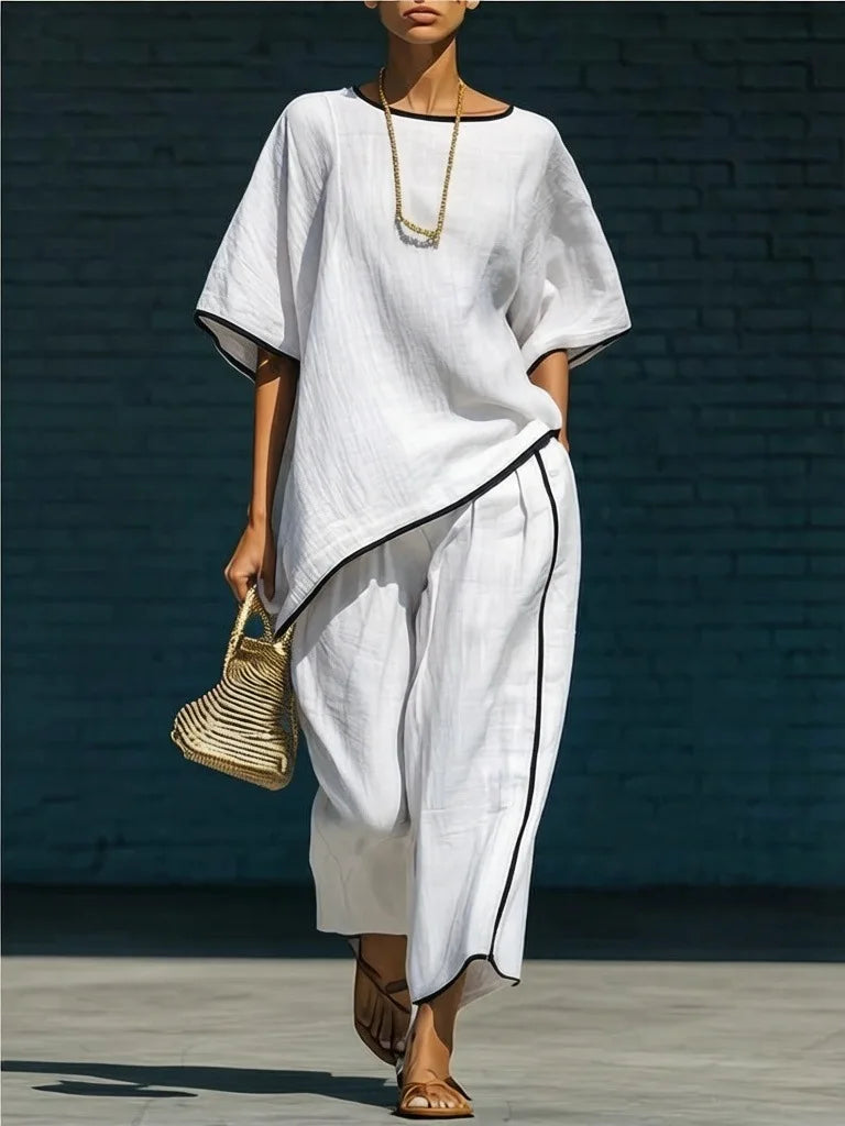 Short Sleeve Asymmetric Hem Top and Wide Leg Pants Two Piece Set 4