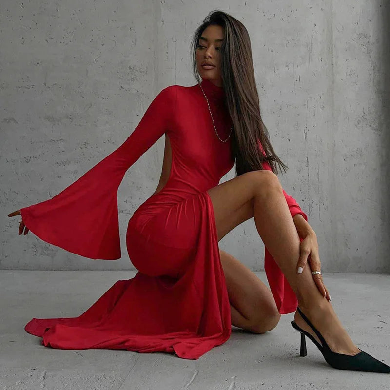 Mock Neck Bell Sleeve High Split Bodycon Maxi Dress 5