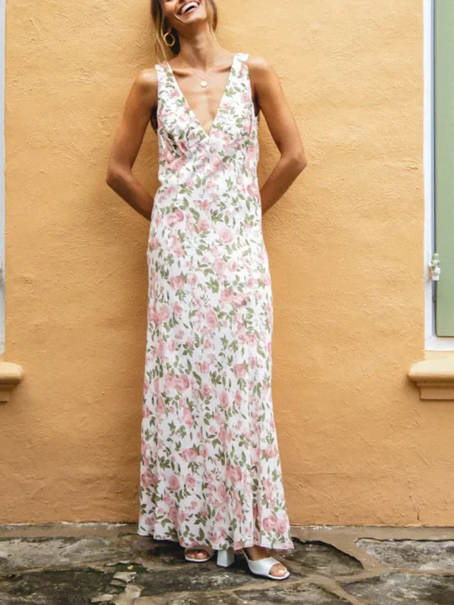 V-neck Lace-up Sleeveless Floral Dress - View 6
