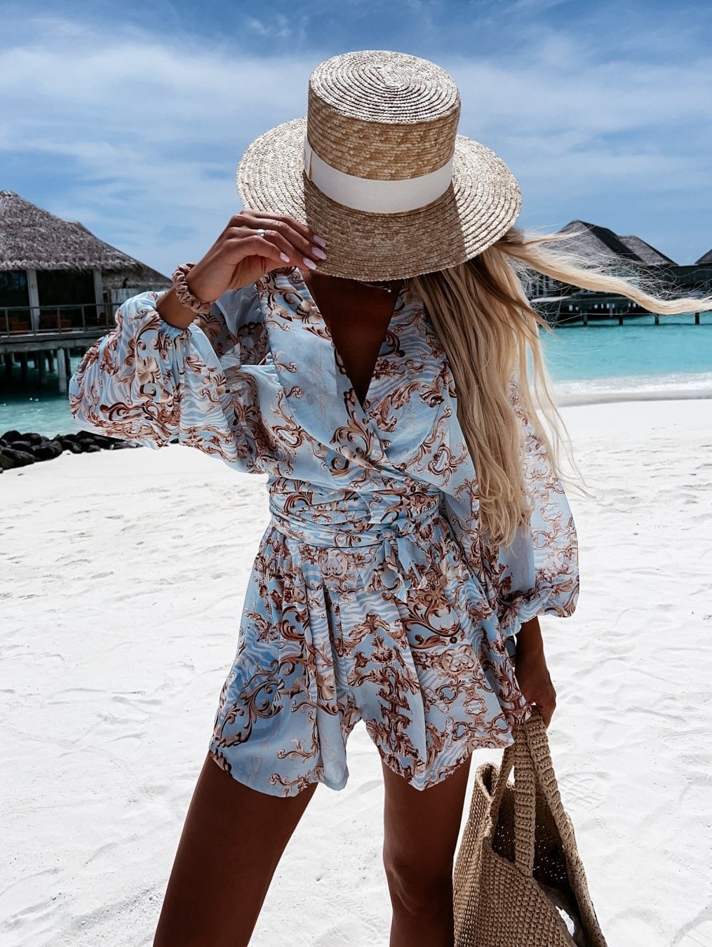 Floral Print Wrap Long Sleeve Ruffle A-Line Midi Dress - View 7