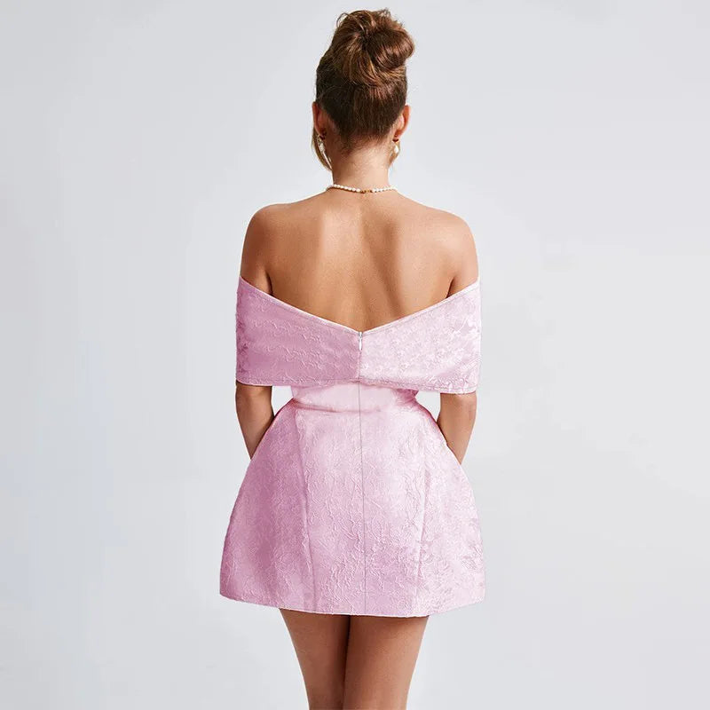 Bow Off Shoulder Backless A - line Jacquard Party Dress - View 3