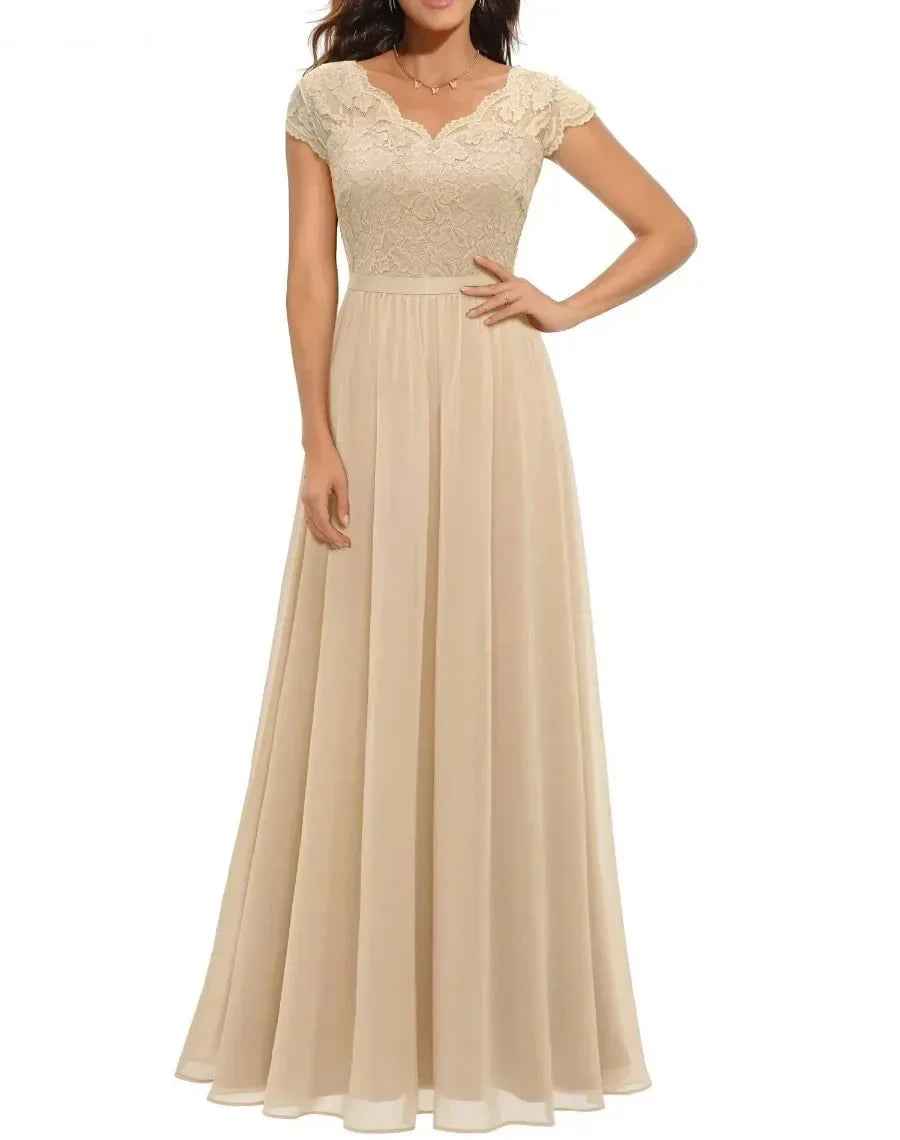 Lace V-Neck Chiffon A-Line Maxi Dress 2